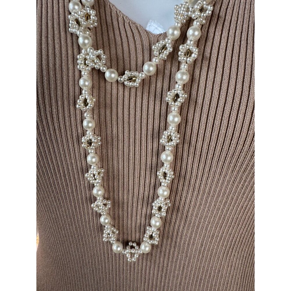 Vintage Faux Pearl Long Necklace With Intricate Beaded Design & Gold Accents 56